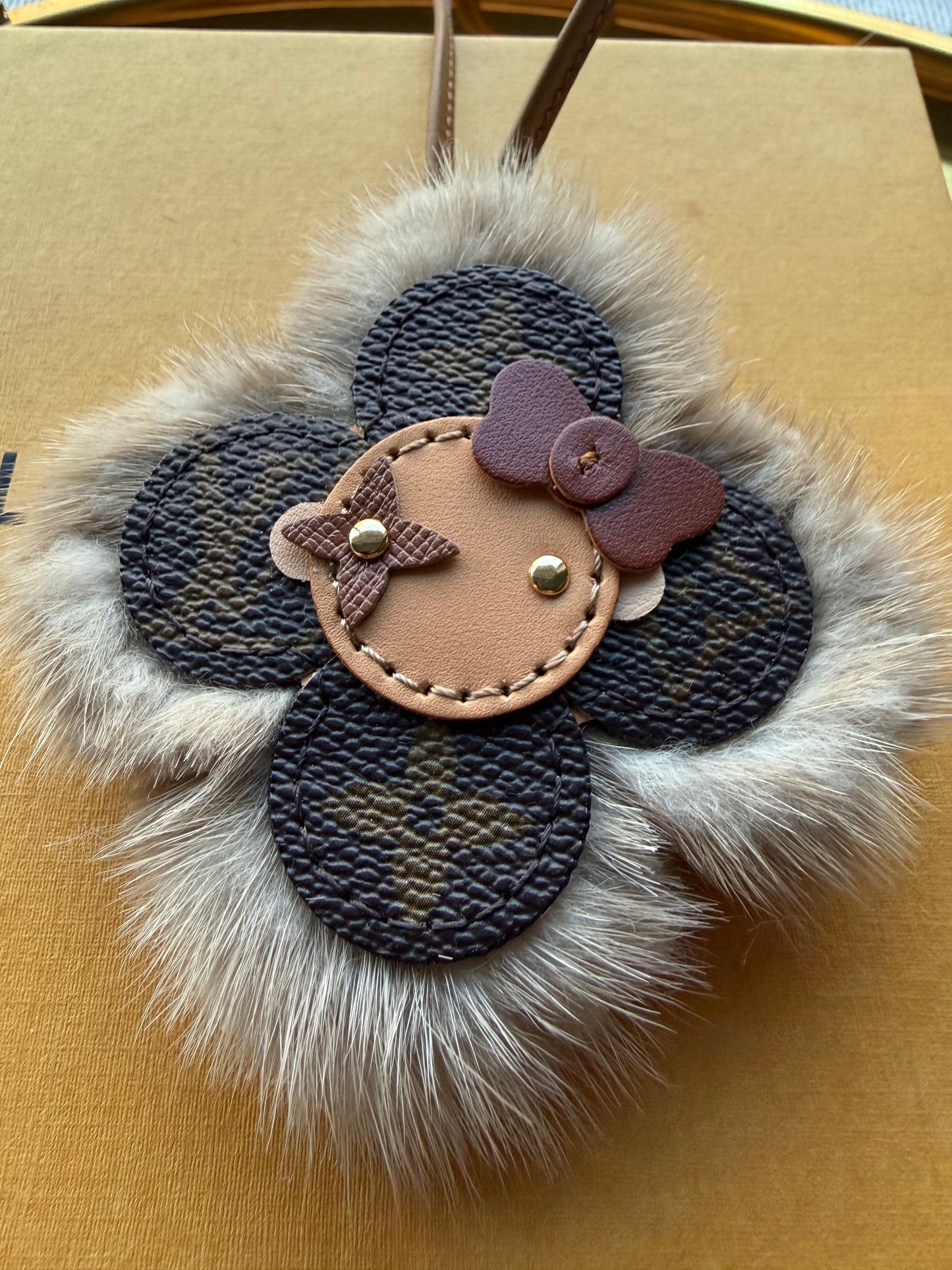 *PREORDER* Handmade Beige Fur + Mono Sunny Doll Bag Charm - Leather