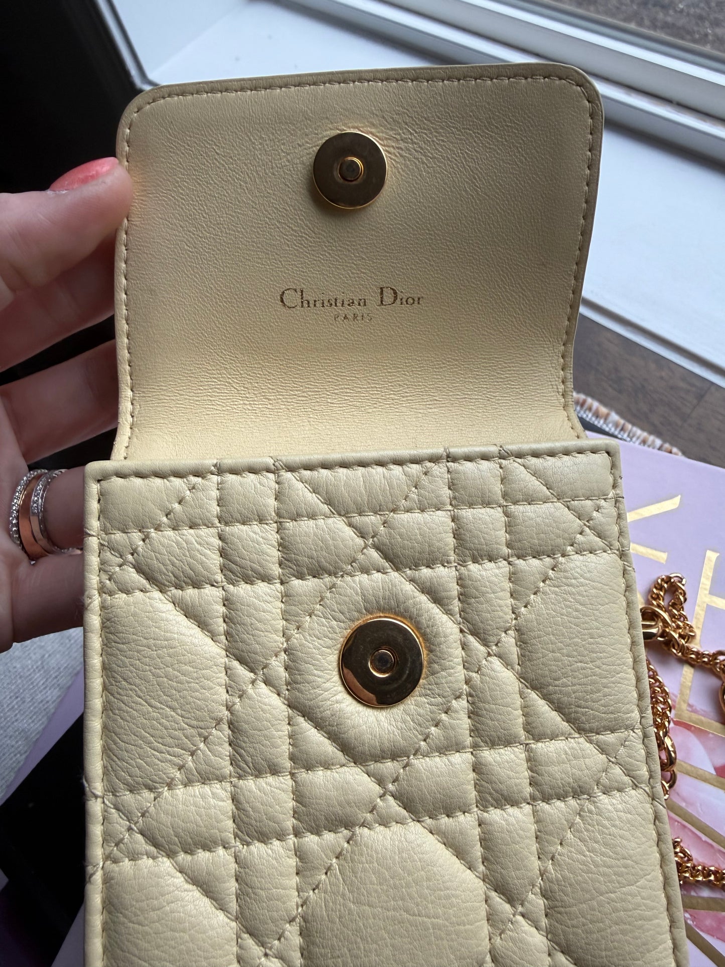 Authentic Preloved Christian Dior Caro Phone Holder with Chain in beige calfskin