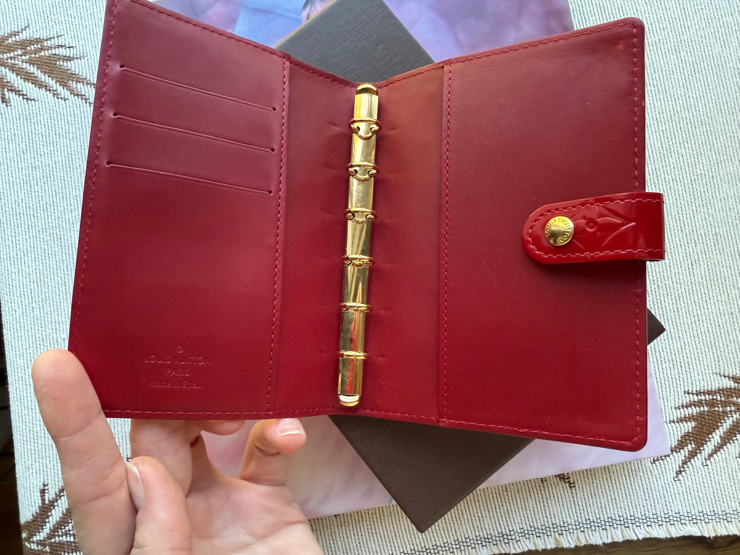 HAPPY, FREE, CONFUSED Authentic Preloved LV Agenda MM in Red Vernis