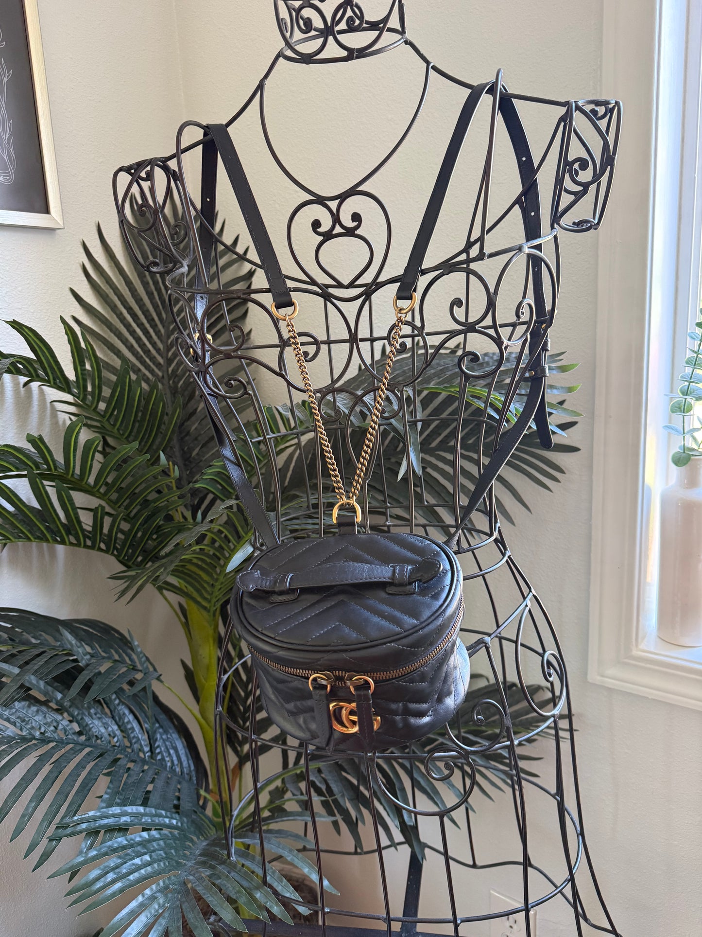Authentic Preloved GUCCI Black Quilted Leather Marmont Mini Round Backpack Bag