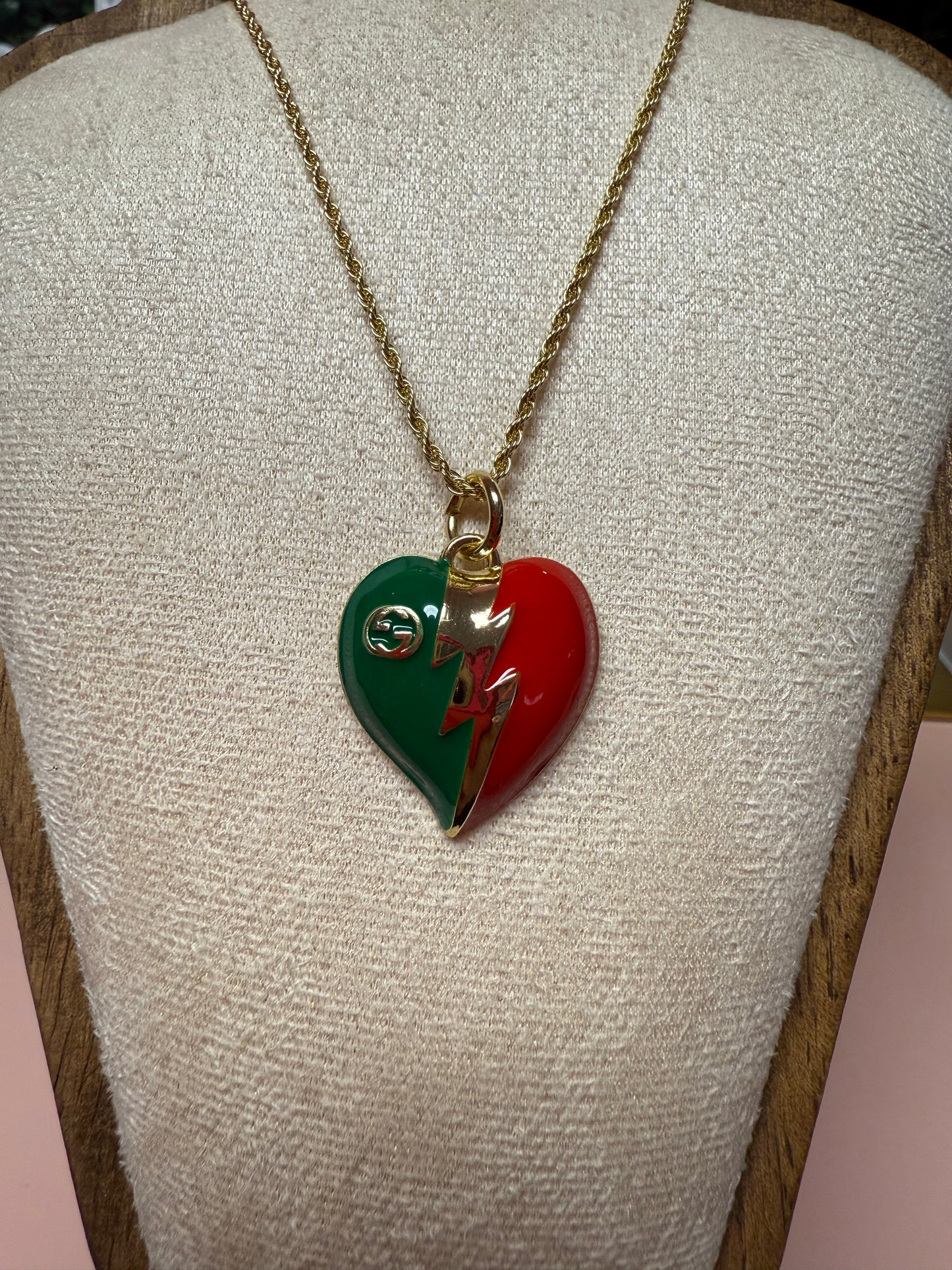 LIGHTNING STRIKES Vintage Upcycled Lux GG Charm Necklace in Red + Green
