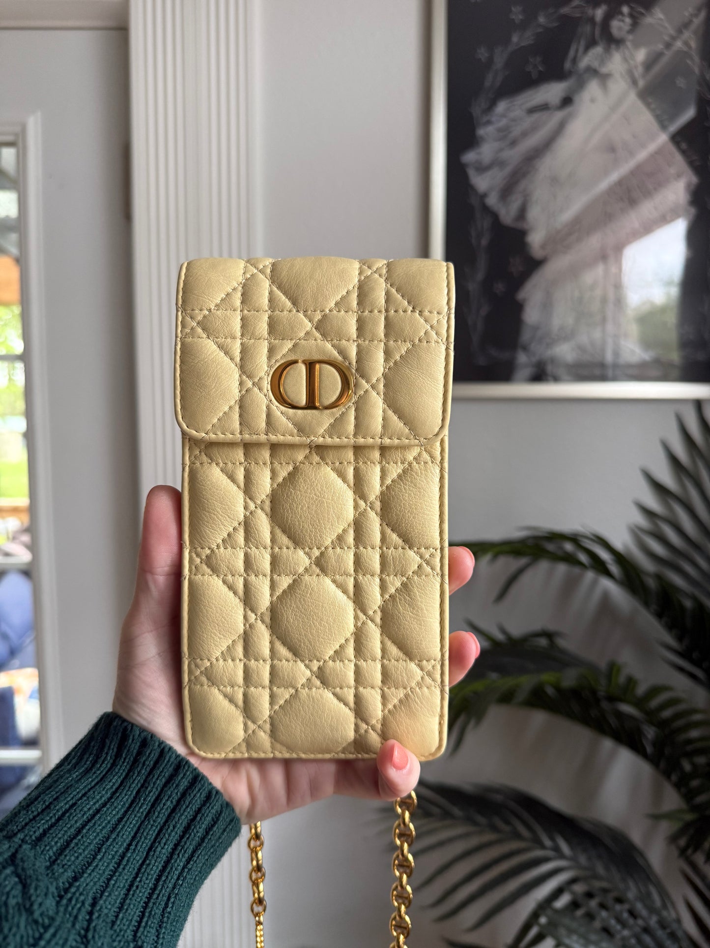 Authentic Preloved Christian Dior Caro Phone Holder with Chain in beige calfskin