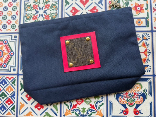 Navy Canvas Cosmetics Bag - Upcycled Mono Hot Pink Tag