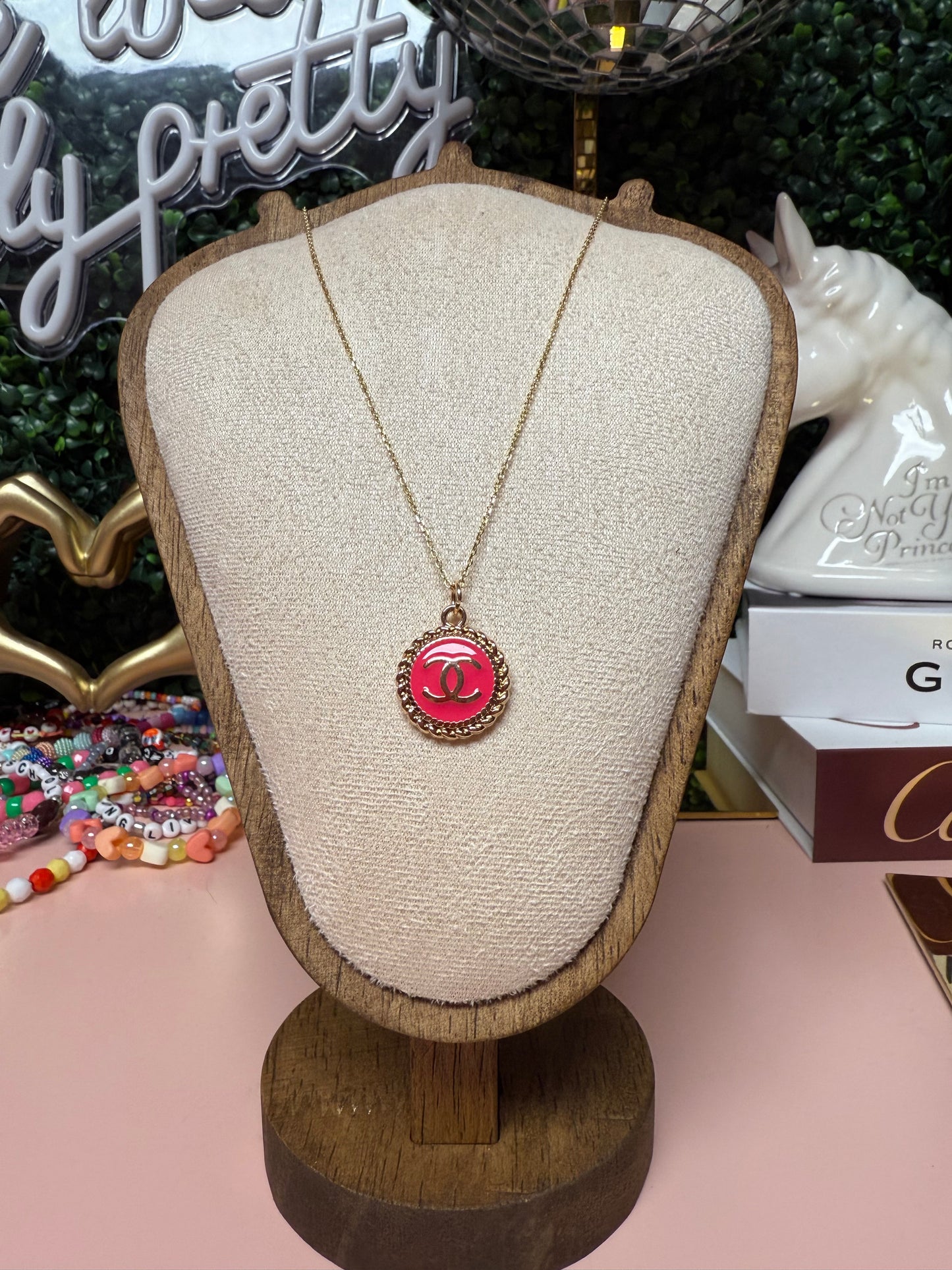 LOVER ERA Upcycled Lux CC Charm Necklace in Bright Pink