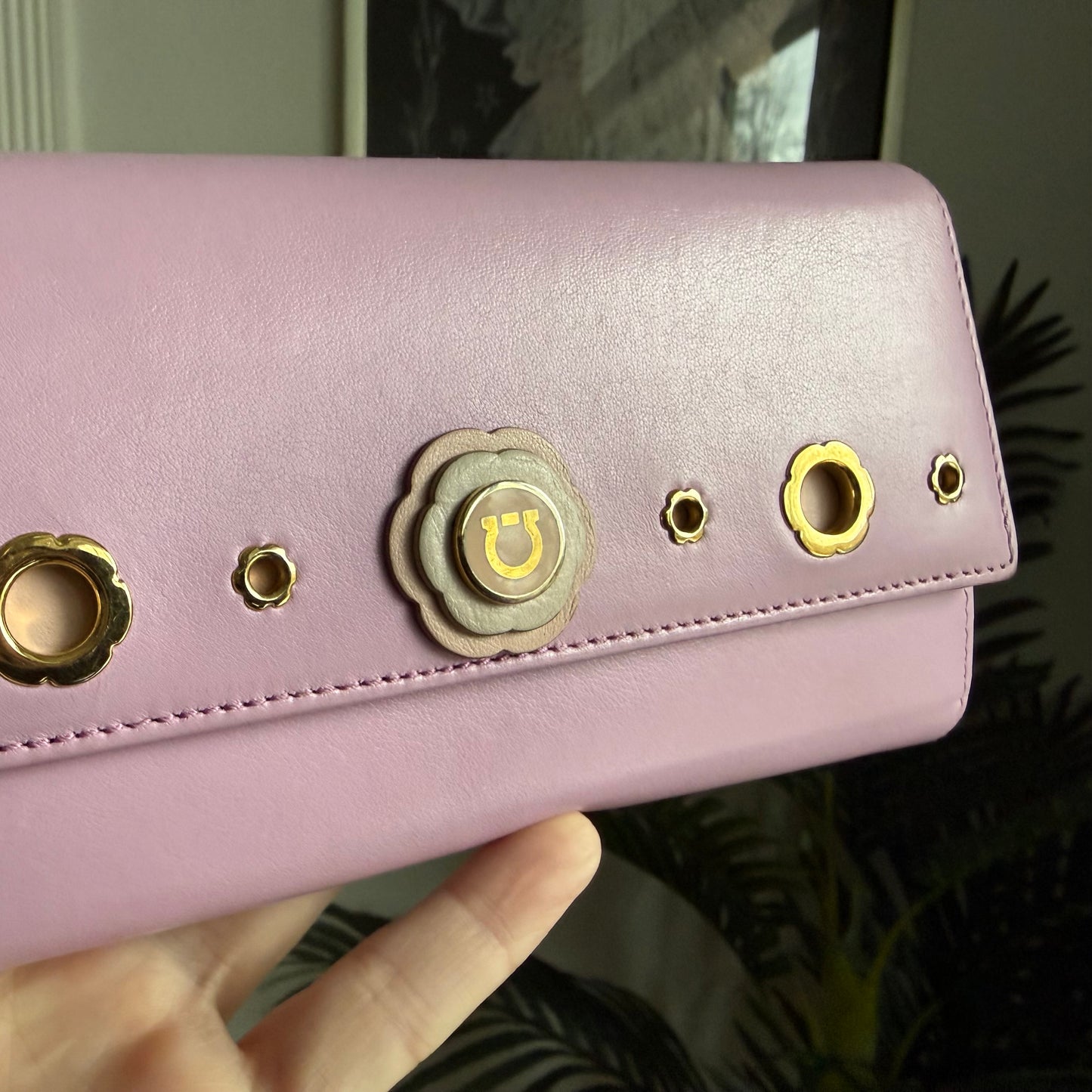 Authentic Preloved Ferragamo Long Wallet on chain - lilac and light pink floral grommet