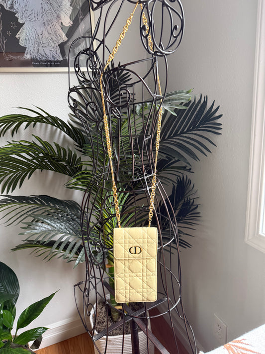 Authentic Preloved Christian Dior Caro Phone Holder with Chain in beige calfskin