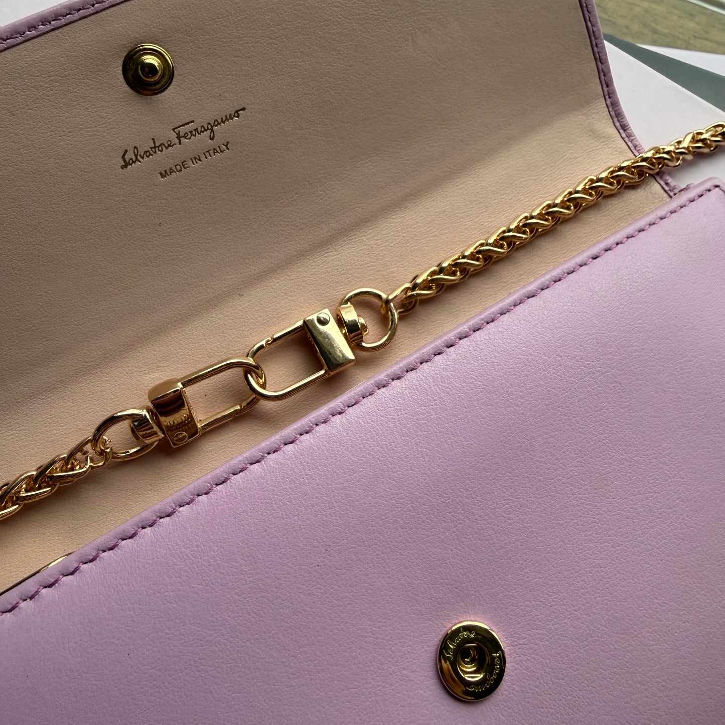 Authentic Preloved Ferragamo Long Wallet on chain - lilac and light pink floral grommet