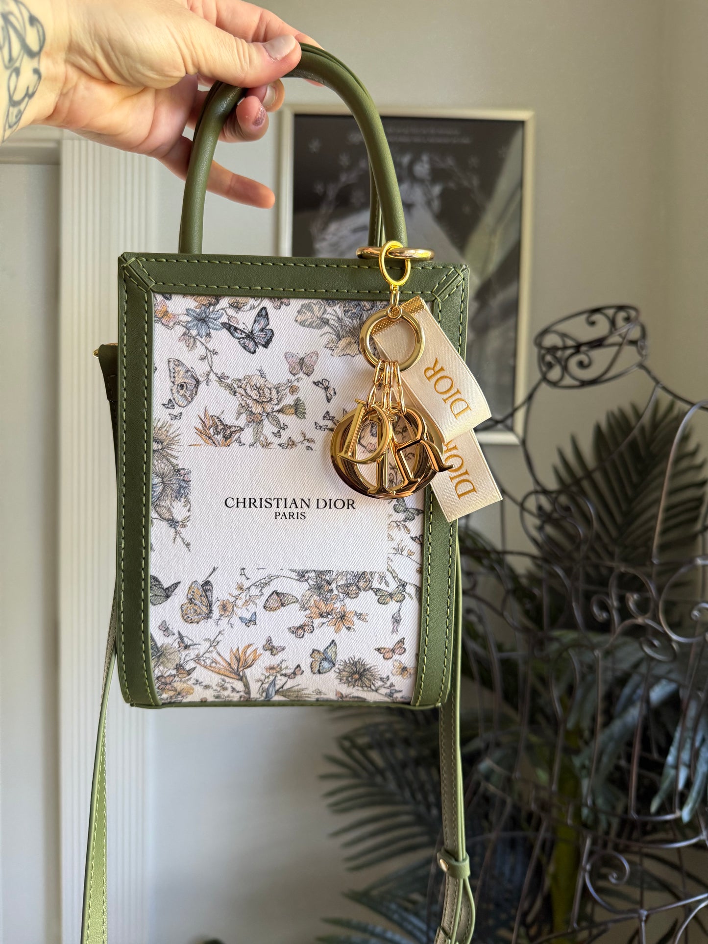 { HONEY } Handmade Upcycled DI OR Butterflies Dusty +  Green Leather Handbag