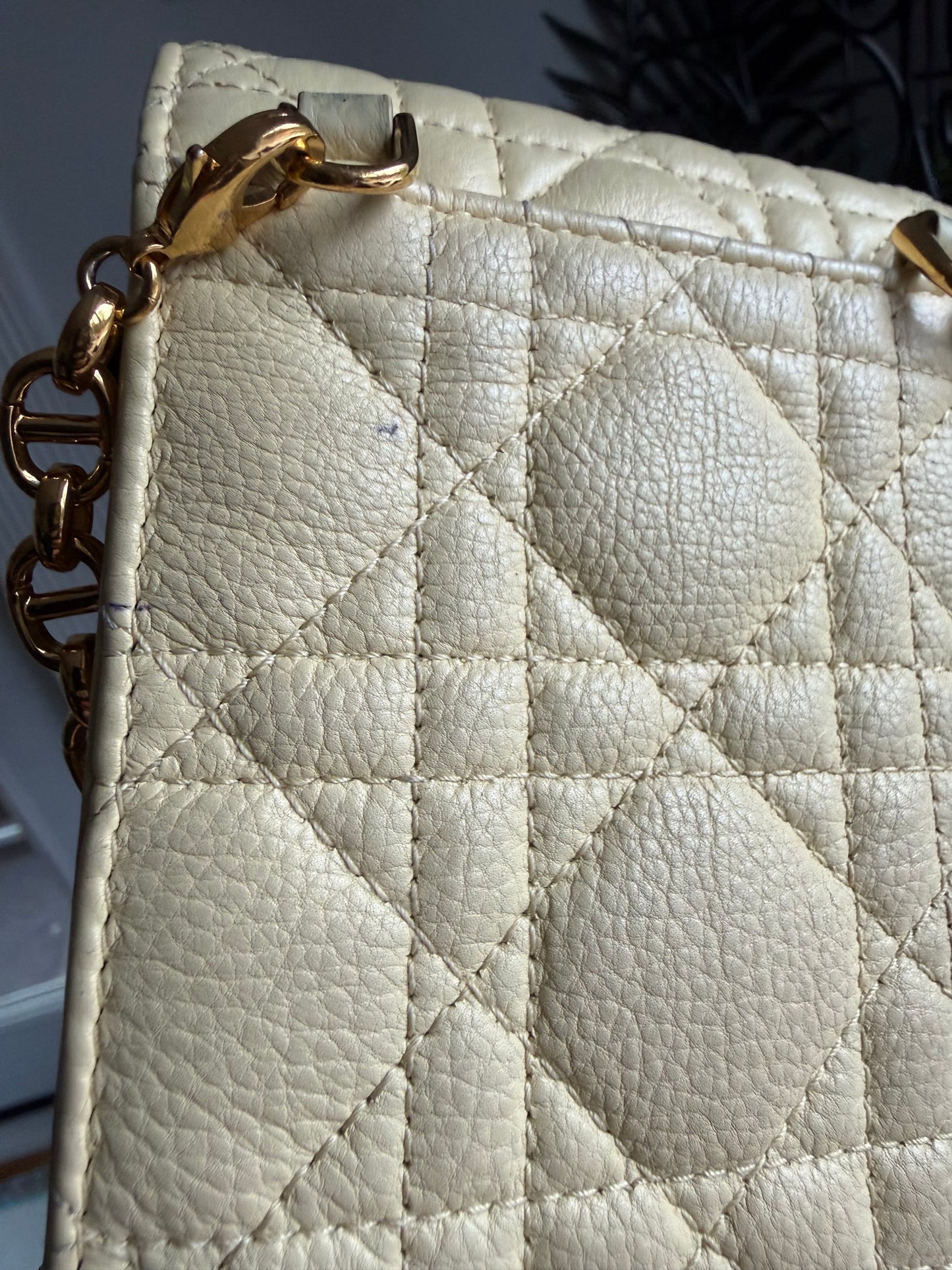 Authentic Preloved Christian Dior Caro Phone Holder with Chain in beige calfskin