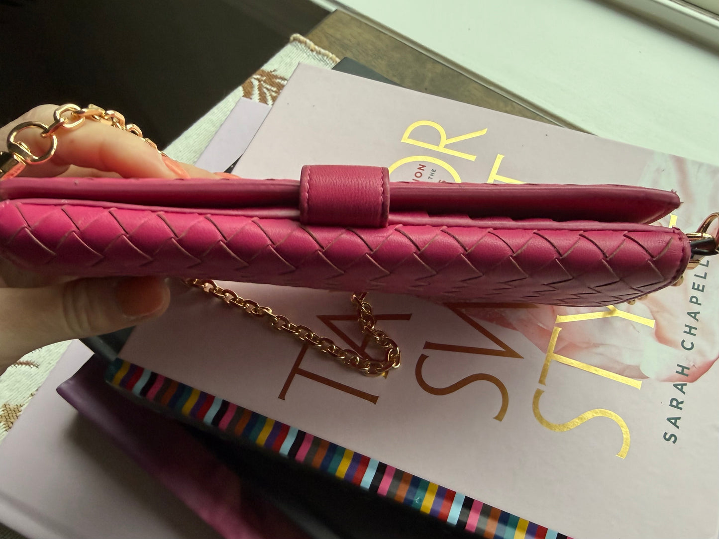 Authentic Preloved Bright Pink Bottega Long Wallet on Chain