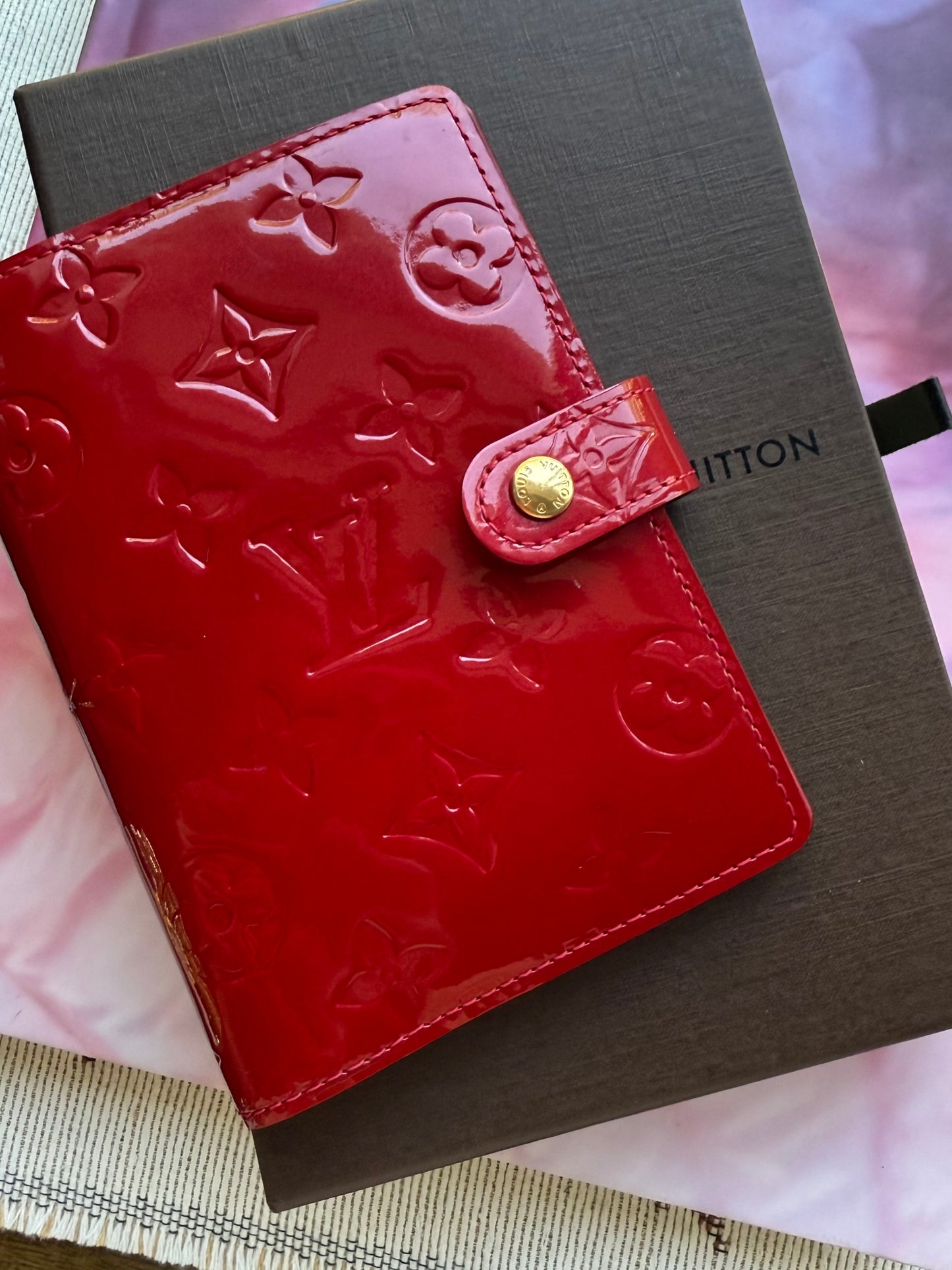 HAPPY, FREE, CONFUSED Authentic Preloved LV Agenda MM in Red Vernis