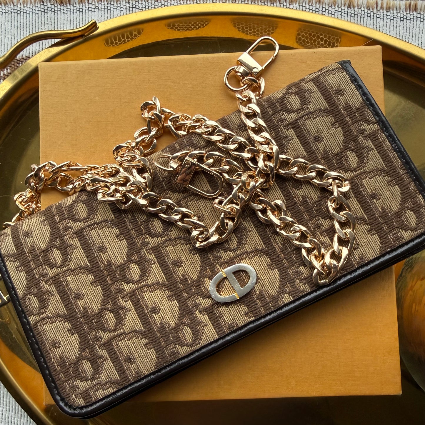 Authentic Preloved Luxury Upper Westside Vintage Brown Dior Trotter Long Wallet with Chain