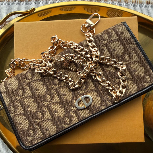 Authentic Preloved Luxury Upper Westside Vintage Brown Dior Trotter Long Wallet with Chain