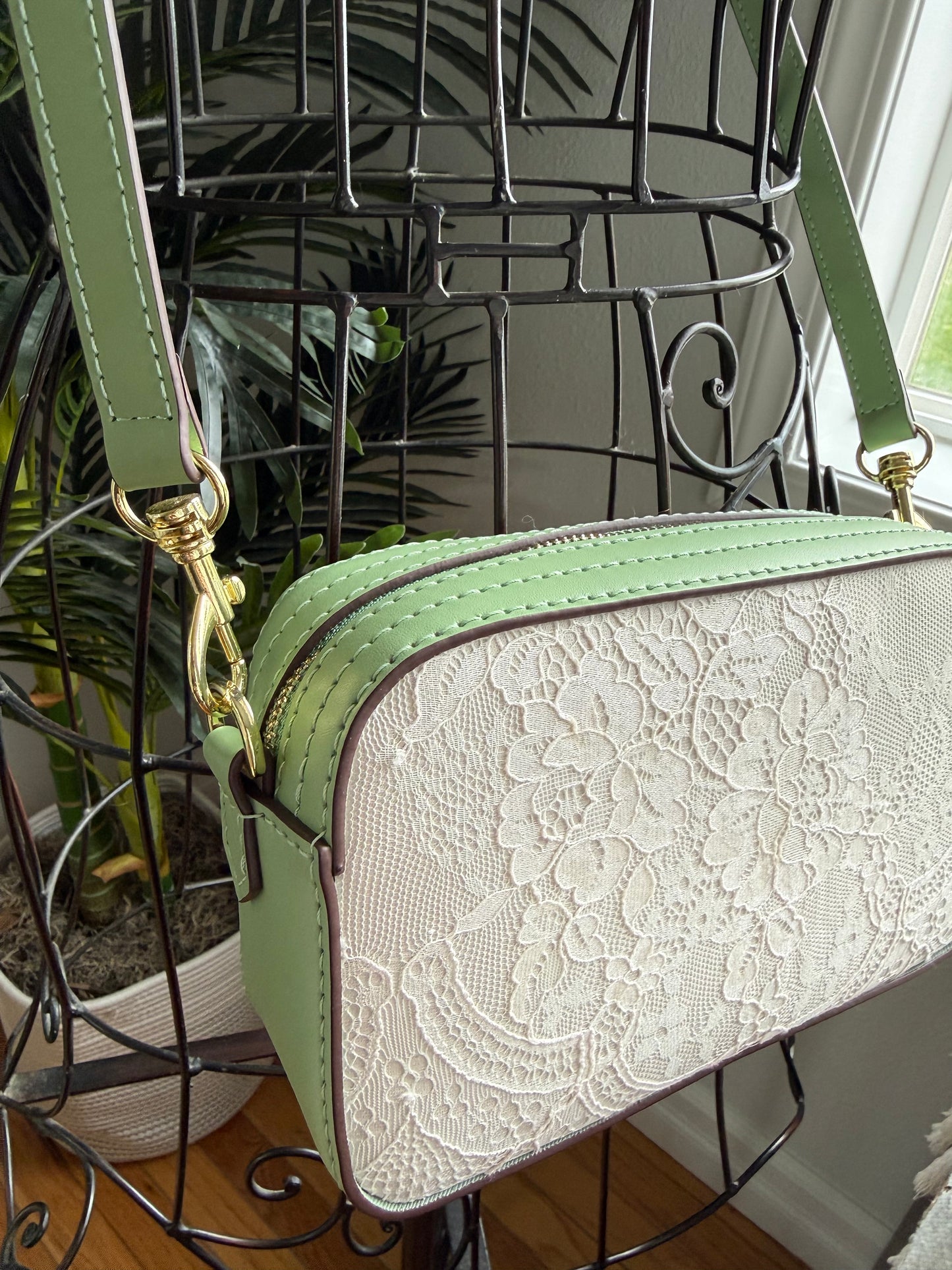{ AMERICANA } Handmade Mono Camera Crossbody Bag - Green + Lace