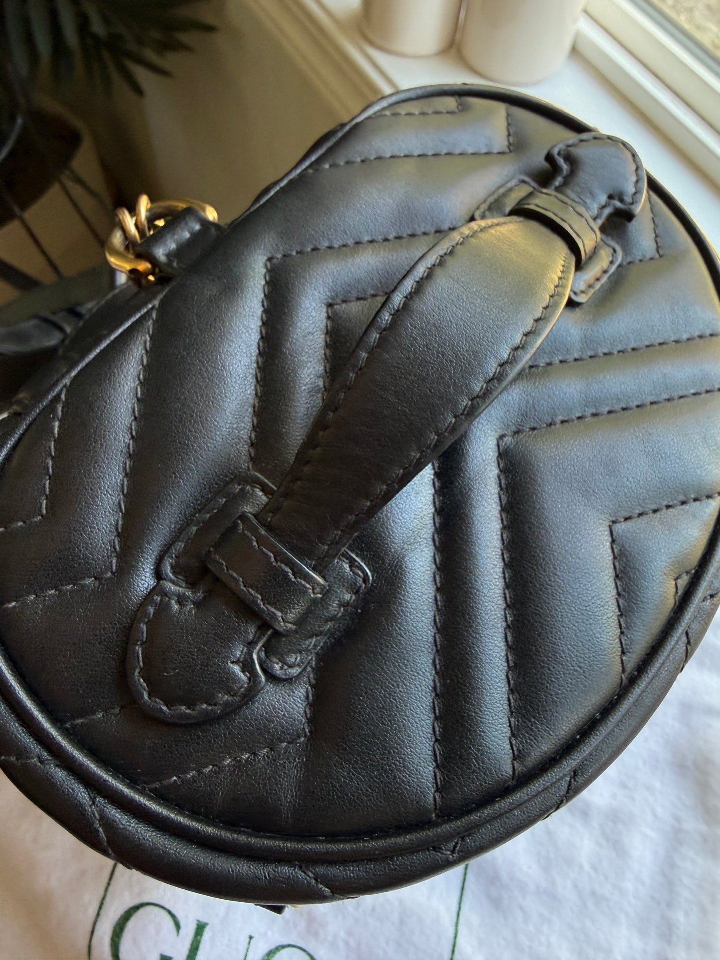 Authentic Preloved GUCCI Black Quilted Leather Marmont Mini Round Backpack Bag