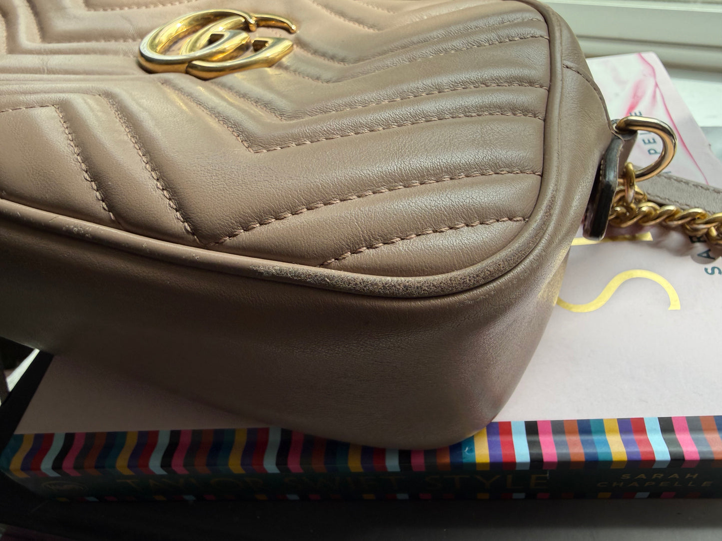 Authentic Preloved Calfskin Classic Matelasse Small GG Marmont Chain Shoulder Bag in Porcelain Rose