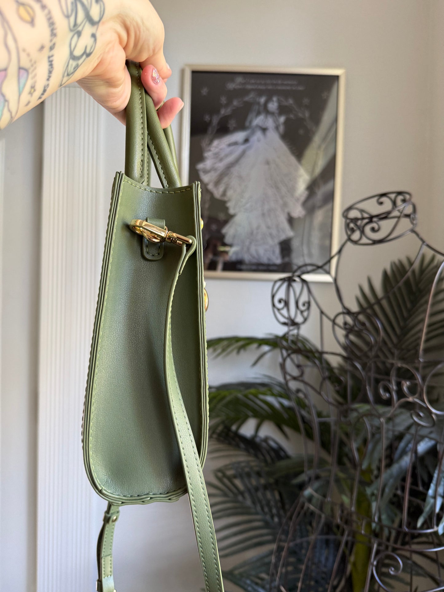 { HONEY } Handmade Upcycled DI OR Butterflies Dusty +  Green Leather Handbag