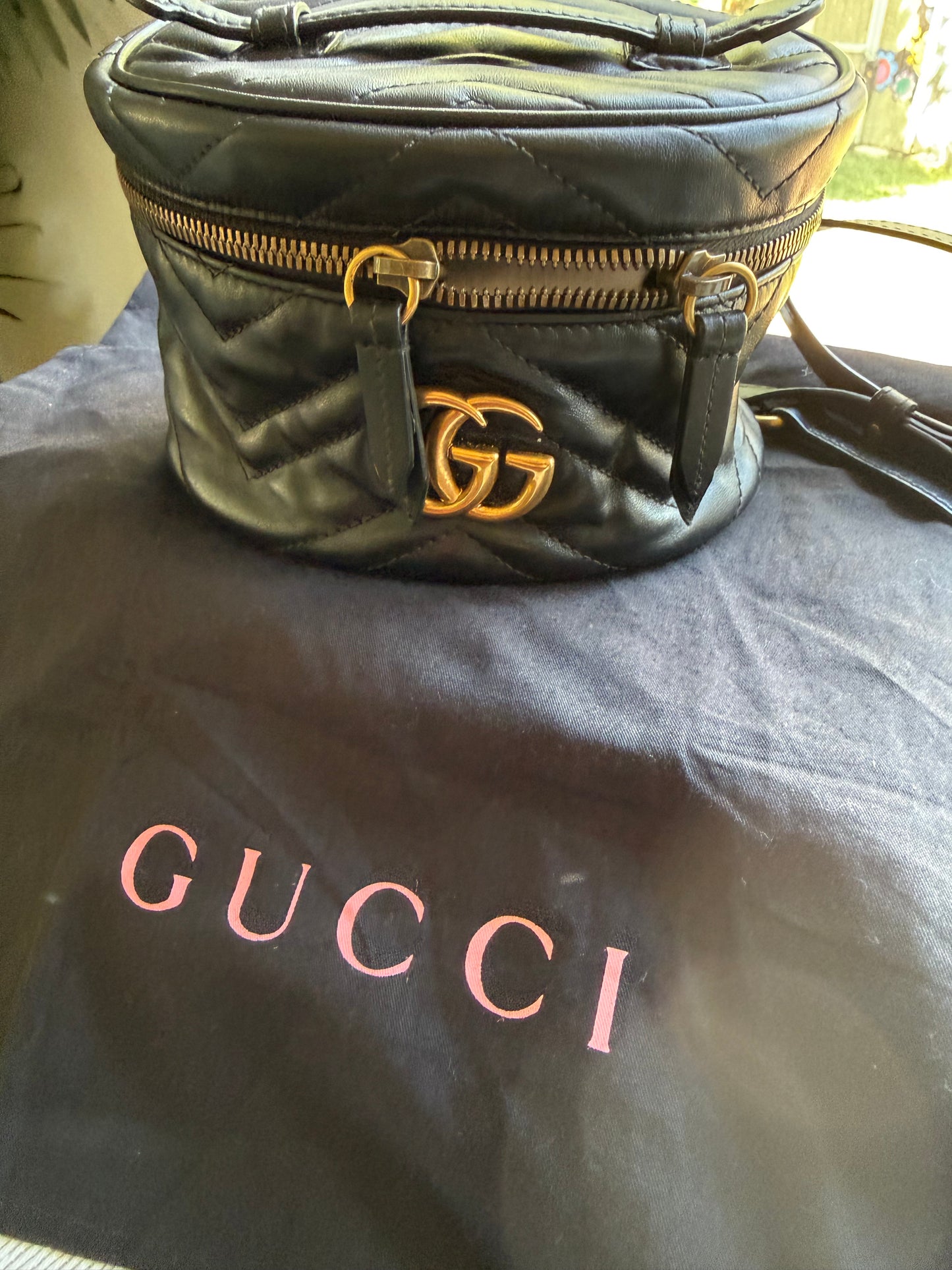 Authentic Preloved GUCCI Black Quilted Leather Marmont Mini Round Backpack Bag