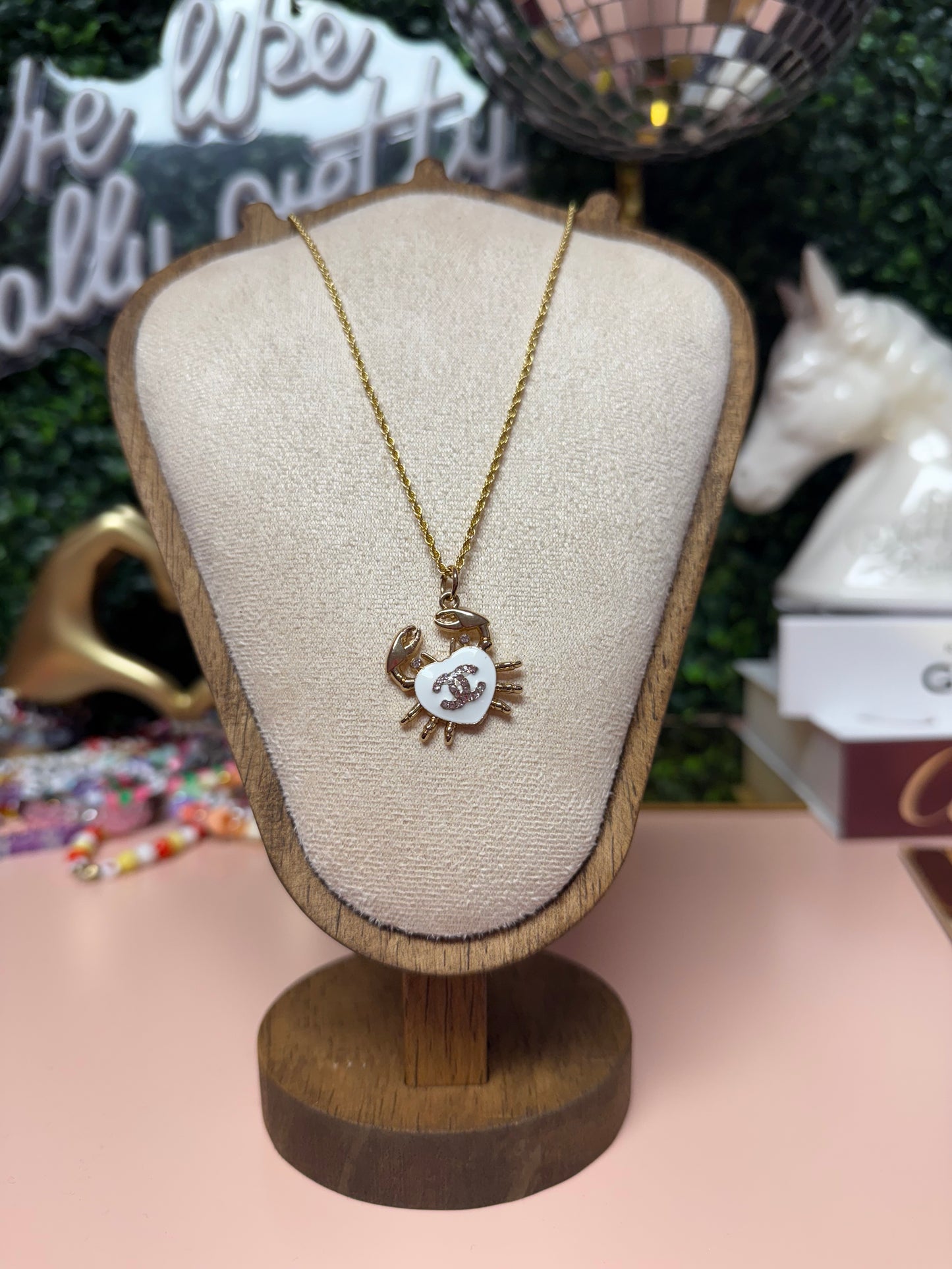 Vintage Upcycled Lux CC Crab Necklace in White