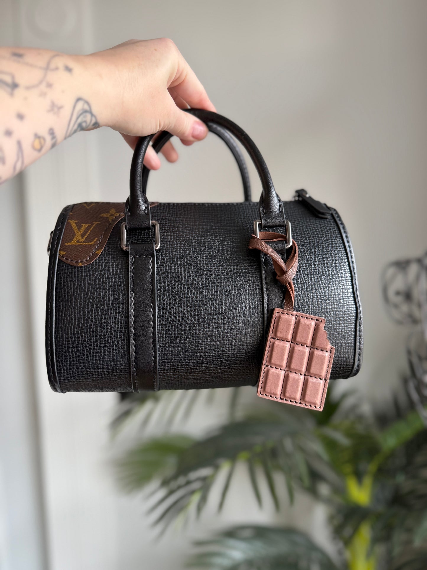 GOOEY V - Handmade Upcycled Drippy Mono + Leather Boston Bag