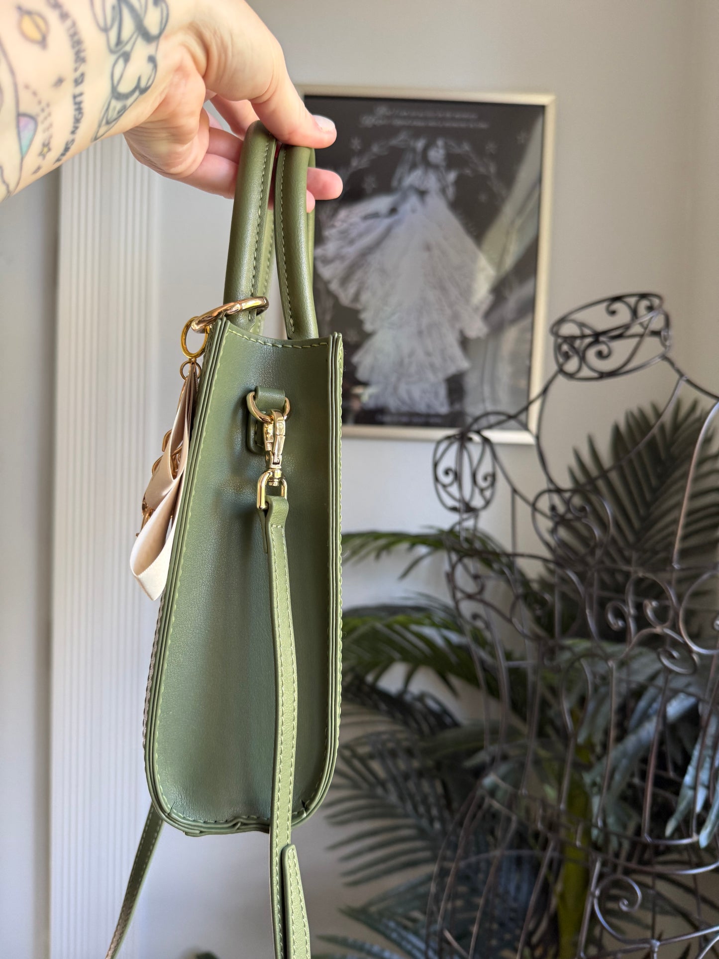 { HONEY } Handmade Upcycled DI OR Butterflies Dusty +  Green Leather Handbag
