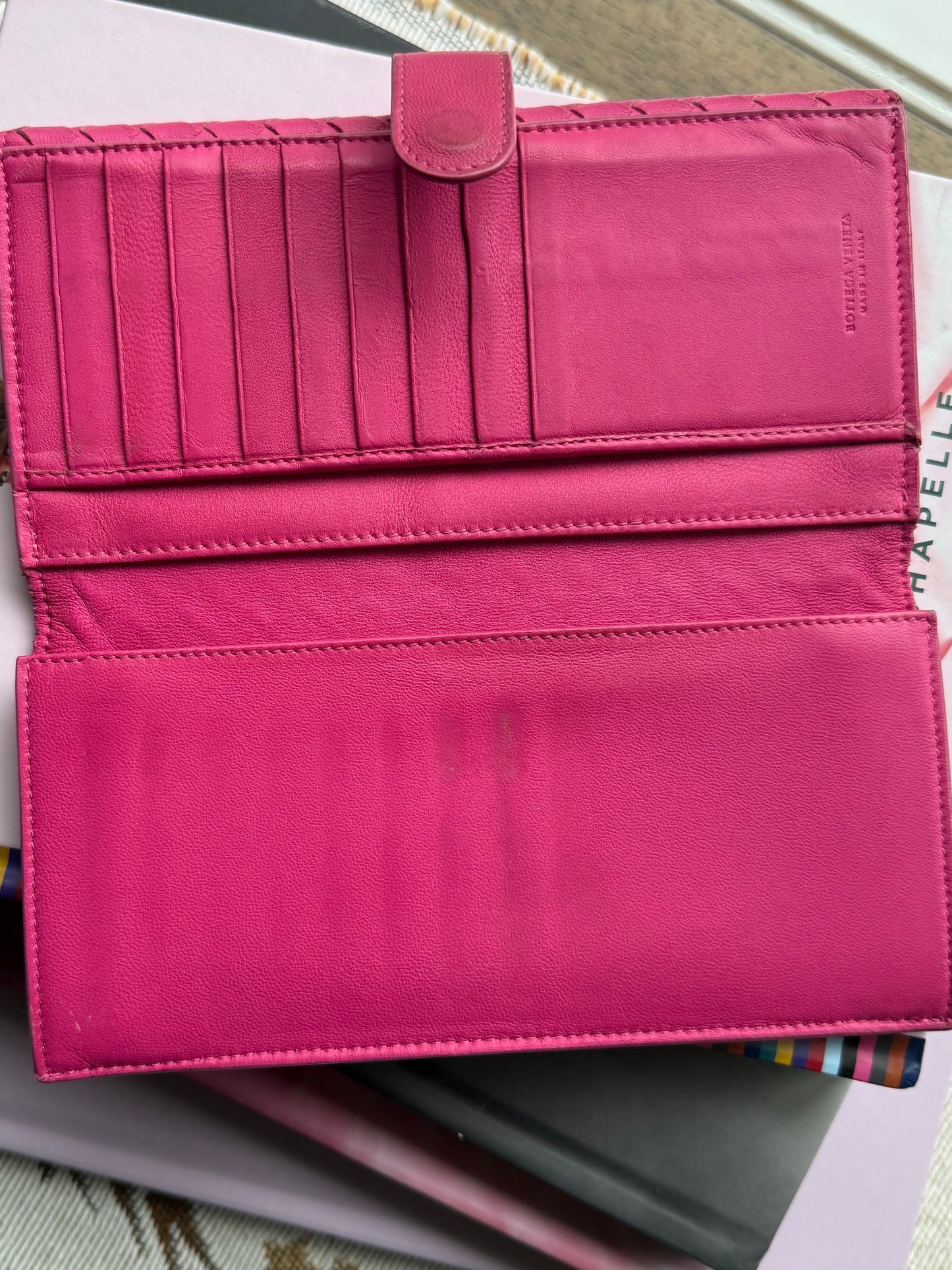 Authentic Preloved Bright Pink Bottega Long Wallet on Chain