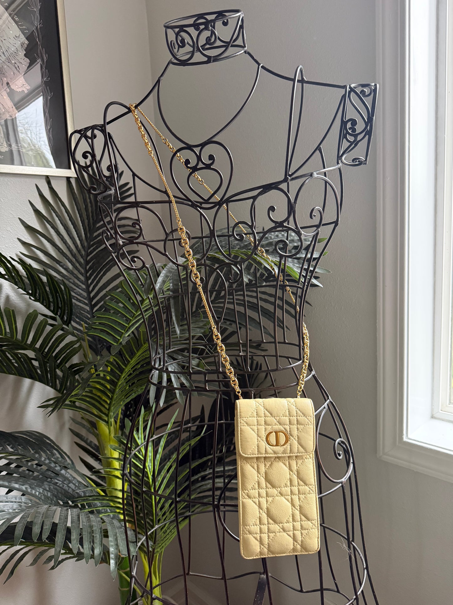 Authentic Preloved Christian Dior Caro Phone Holder with Chain in beige calfskin