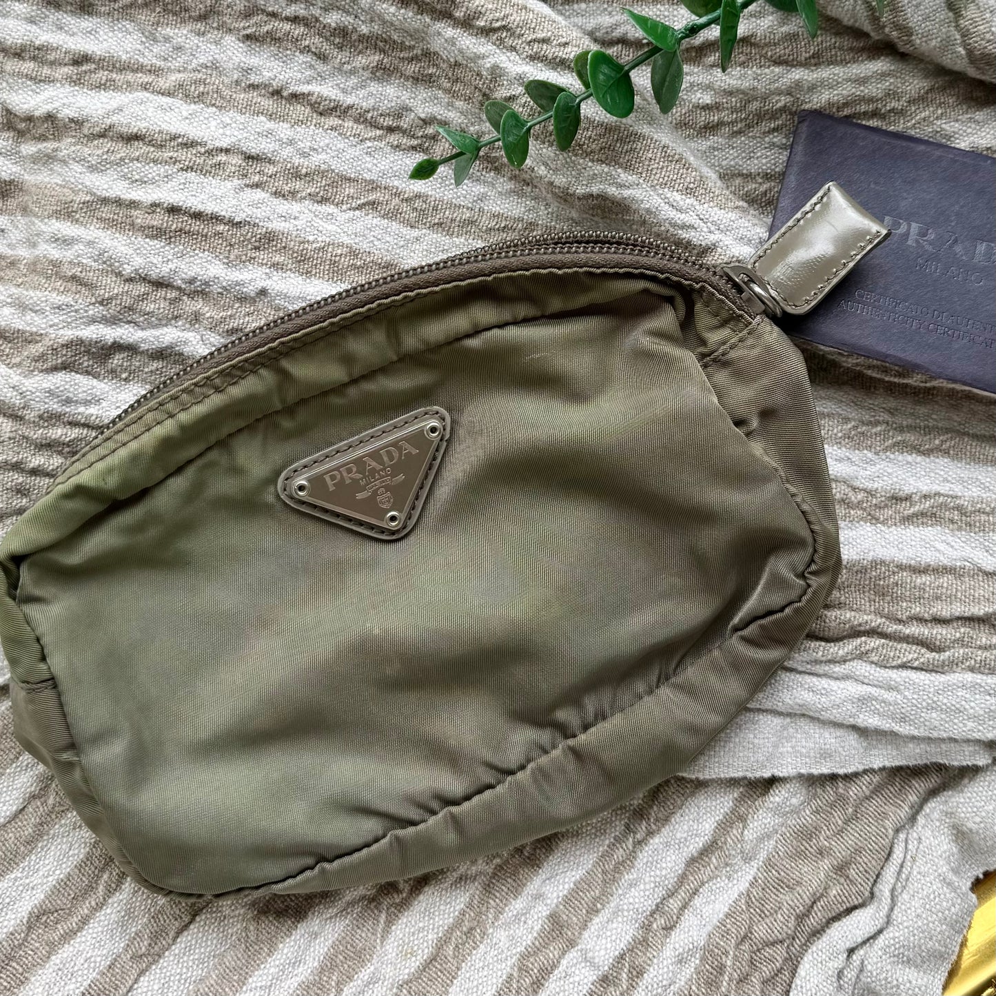 Luxury Authentic Preloved Vintage P R A D A Cosmetics Bag in Military Green