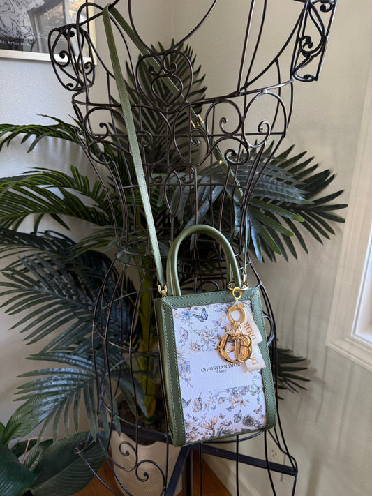 { HONEY } Handmade Upcycled DI OR Butterflies Dusty +  Green Leather Handbag