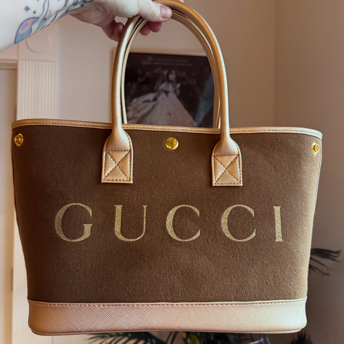 The TROPHY Tote || Handmade Upcycled Gucci Gold + Light Brown Dustbag Tote