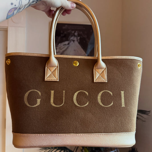 The TROPHY Tote || Handmade Upcycled Gucci Gold + Light Brown Dustbag Tote
