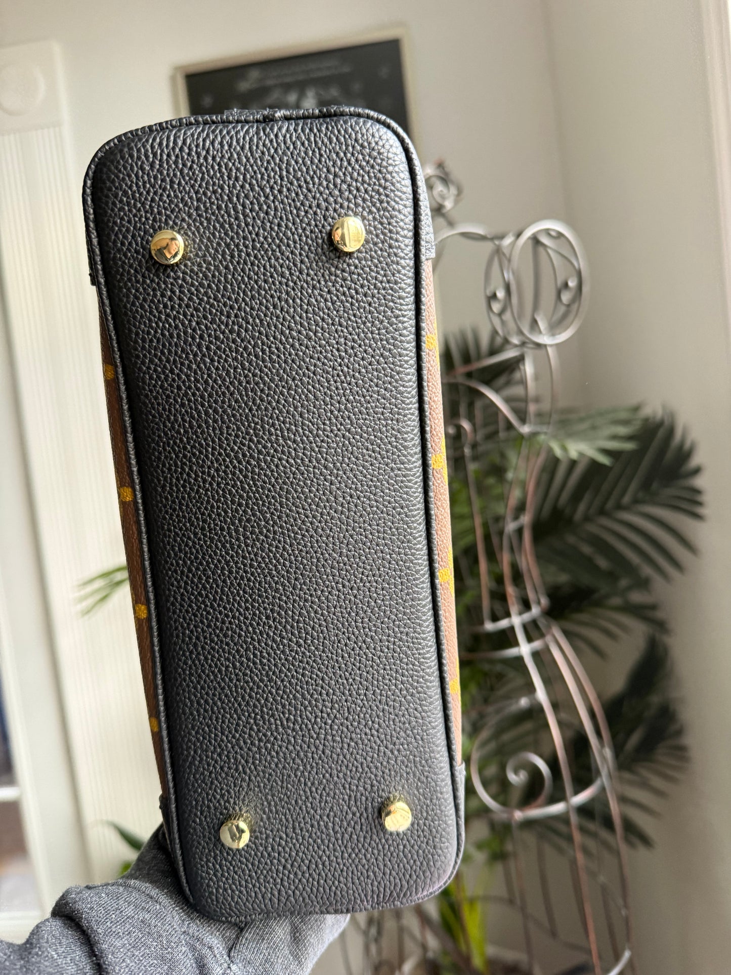 { BETTY } Handmade mono + black leather dome satchel crossbody