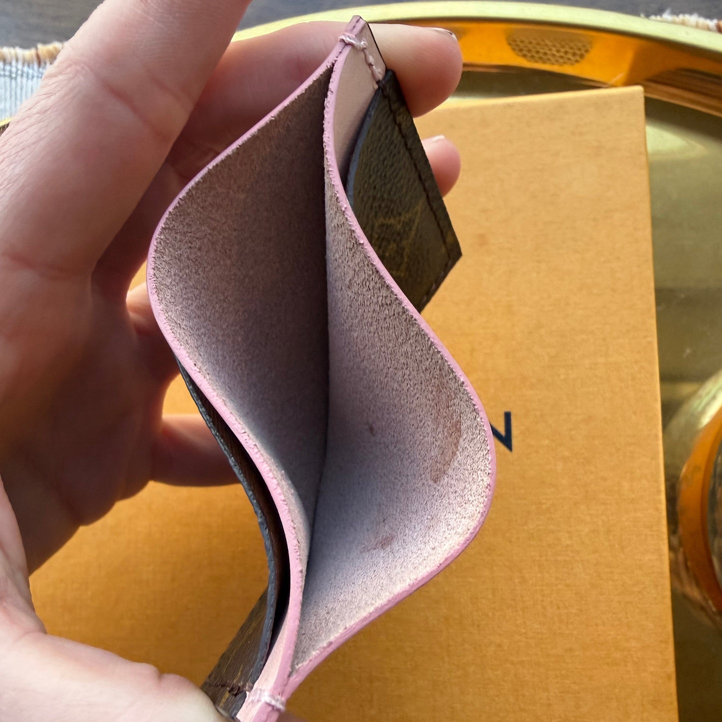 BEJEWELED Handmade Pink Shimmer Leather + Mono Mini Slip Wallet