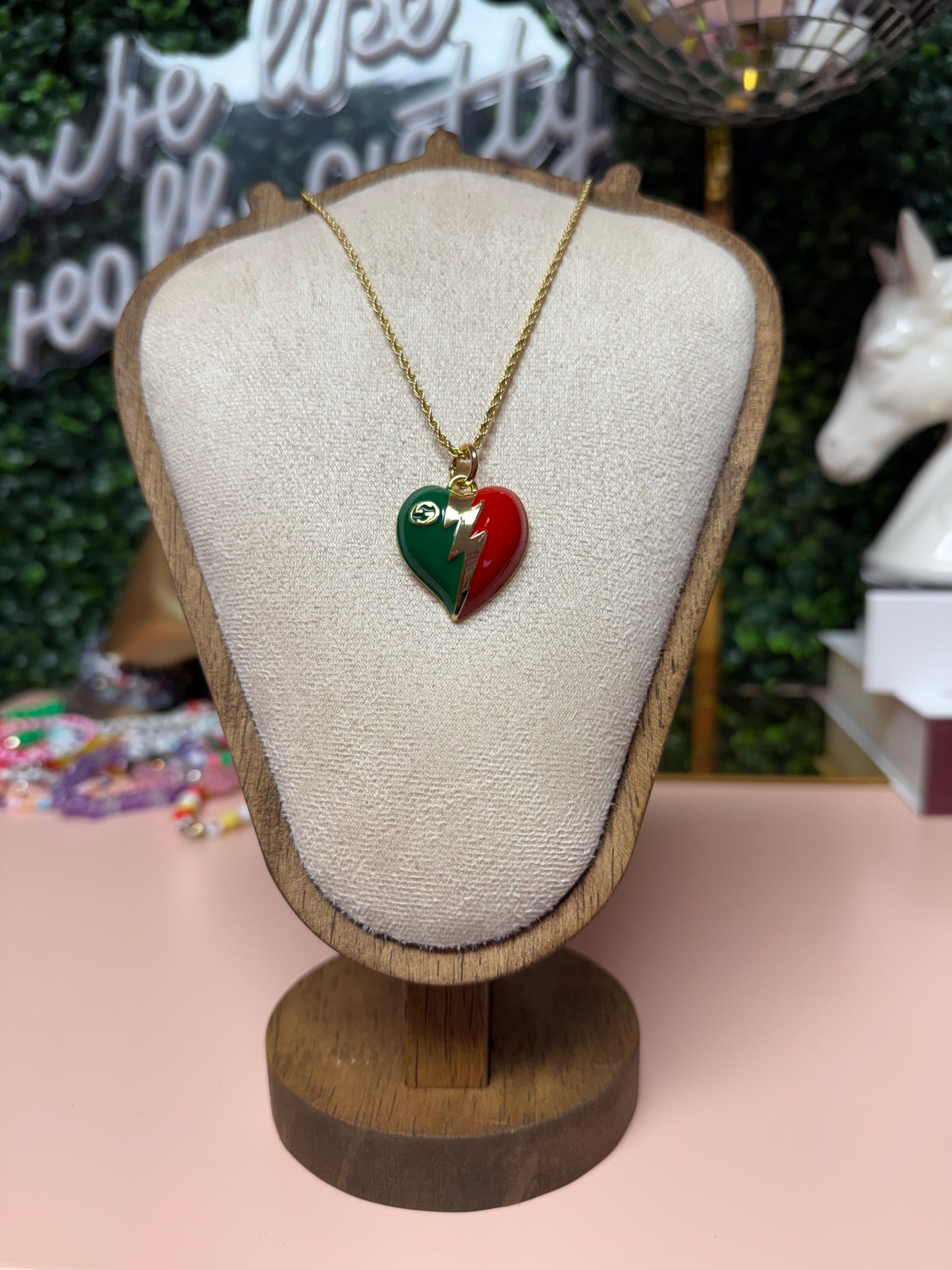 LIGHTNING STRIKES Vintage Upcycled Lux GG Charm Necklace in Red + Green