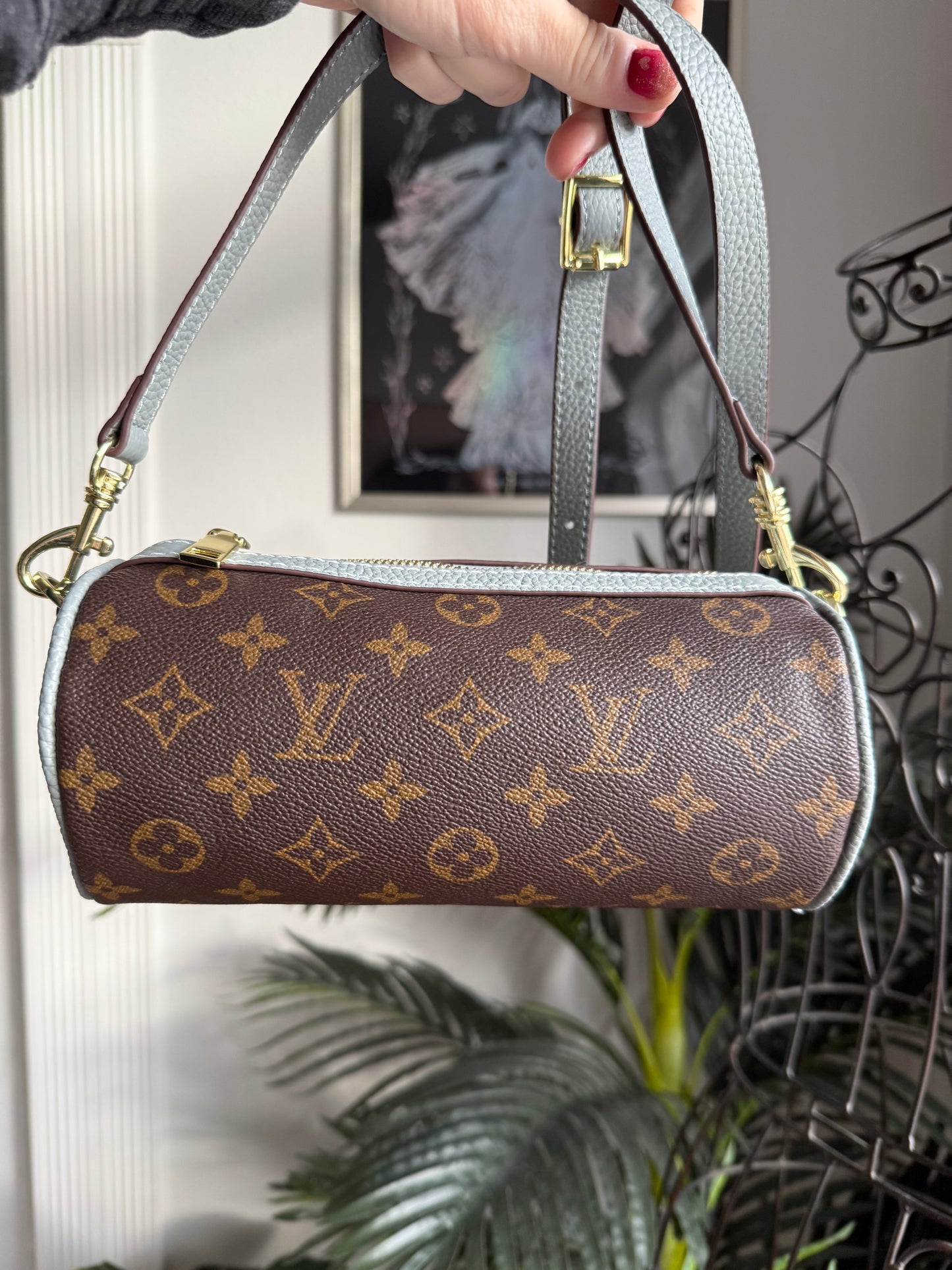 { AIMEE } Handmade Barrel Bag in Dusty Blue + Mono