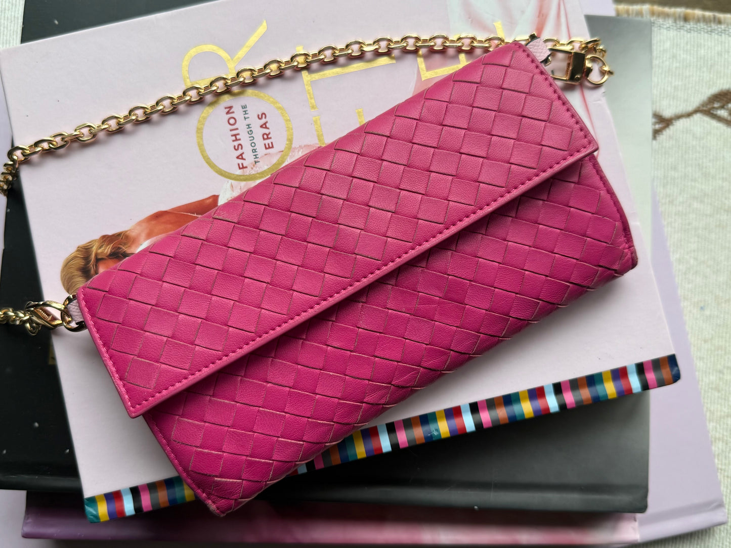 Authentic Preloved Bright Pink Bottega Long Wallet on Chain