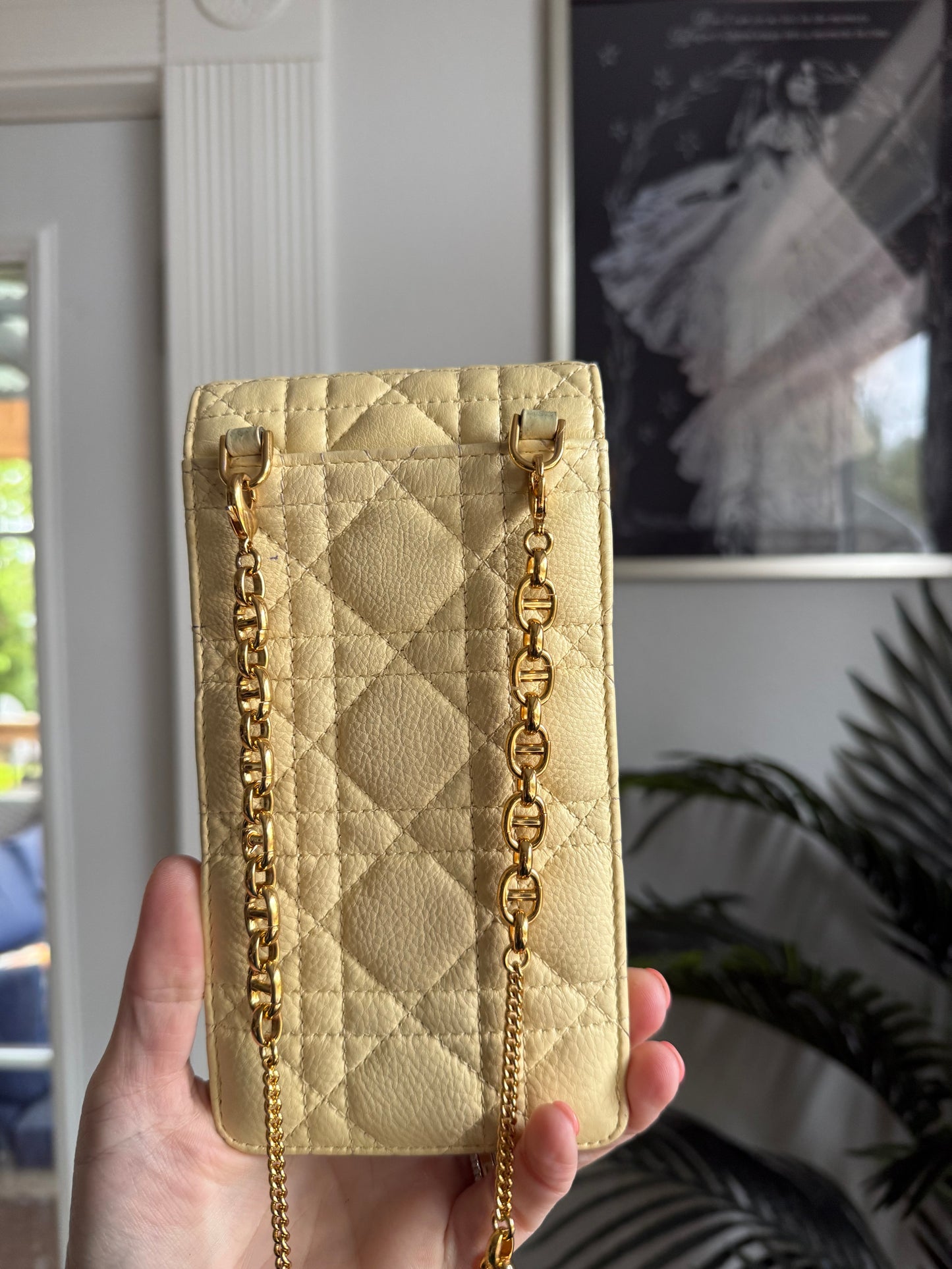 Authentic Preloved Christian Dior Caro Phone Holder with Chain in beige calfskin