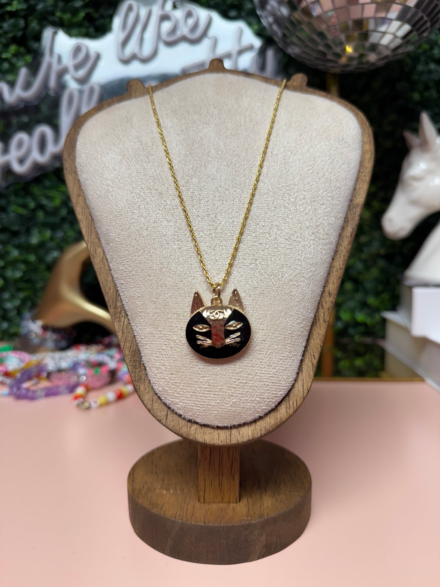 Vintage Upcycled Lux CC Cat Necklace in black