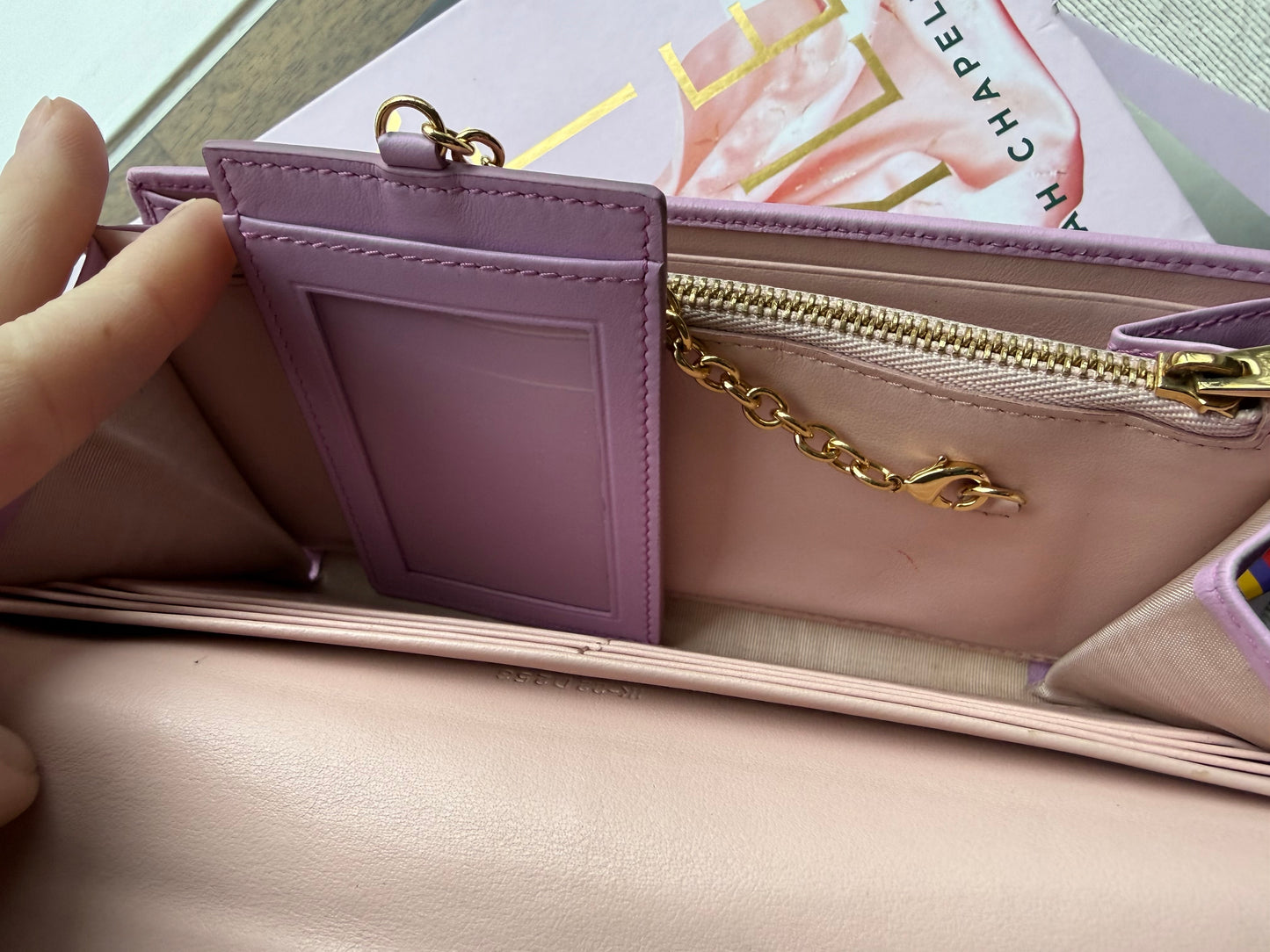 Authentic Preloved Ferragamo Long Wallet on chain - lilac and light pink floral grommet