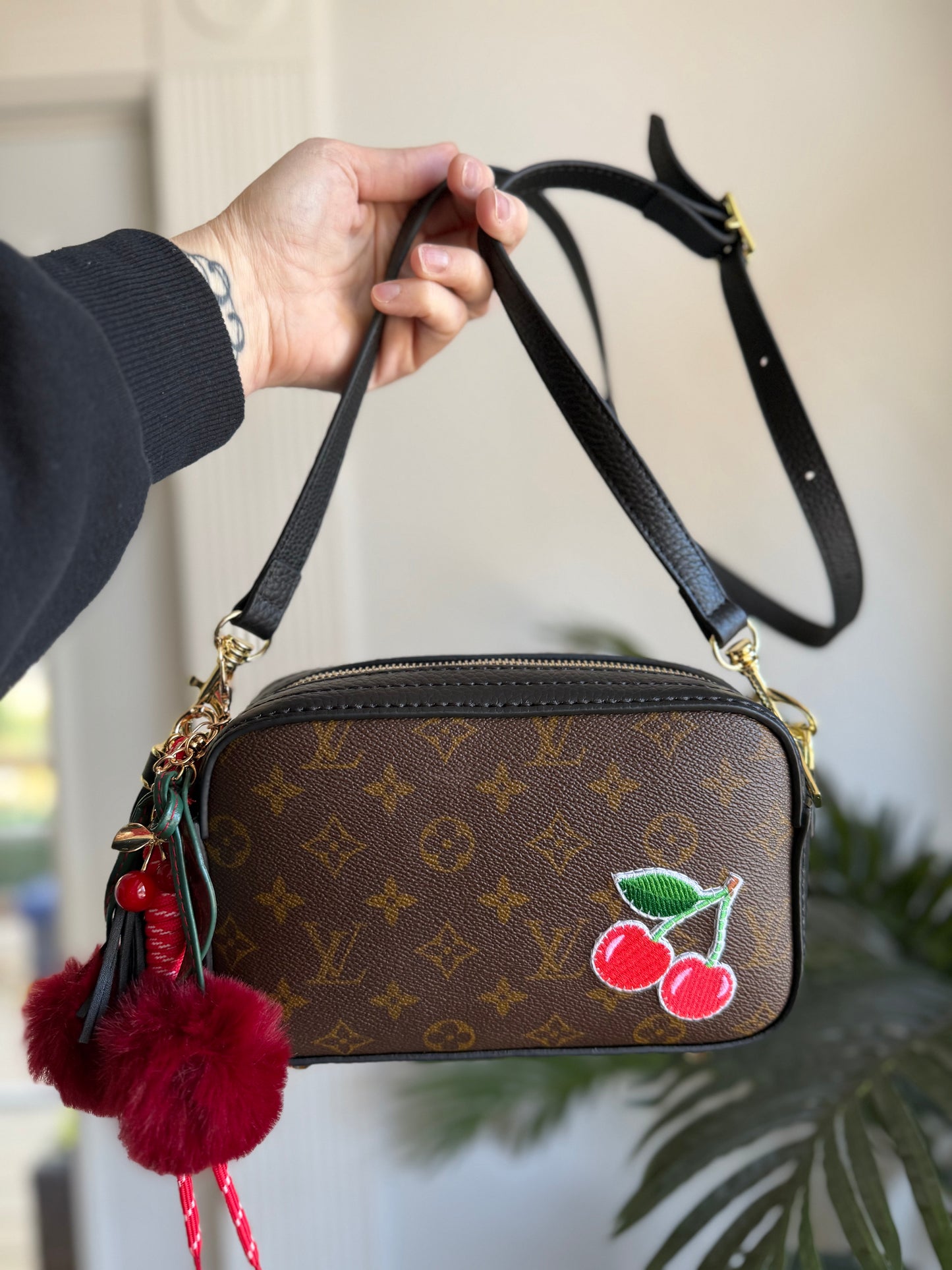 CHERRY LIPSTICK Handmade Mono and Leather Crossbody Bag