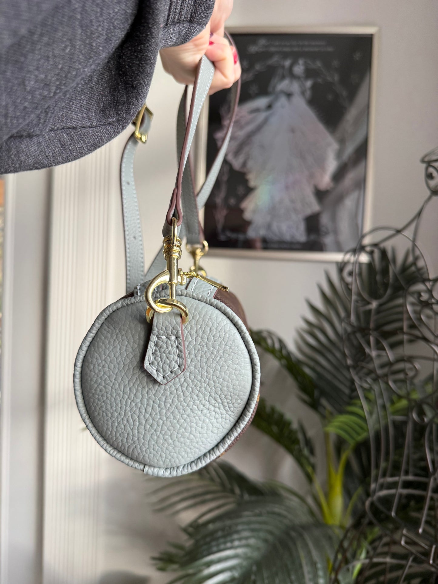 { AIMEE } Handmade Barrel Bag in Dusty Blue + Mono