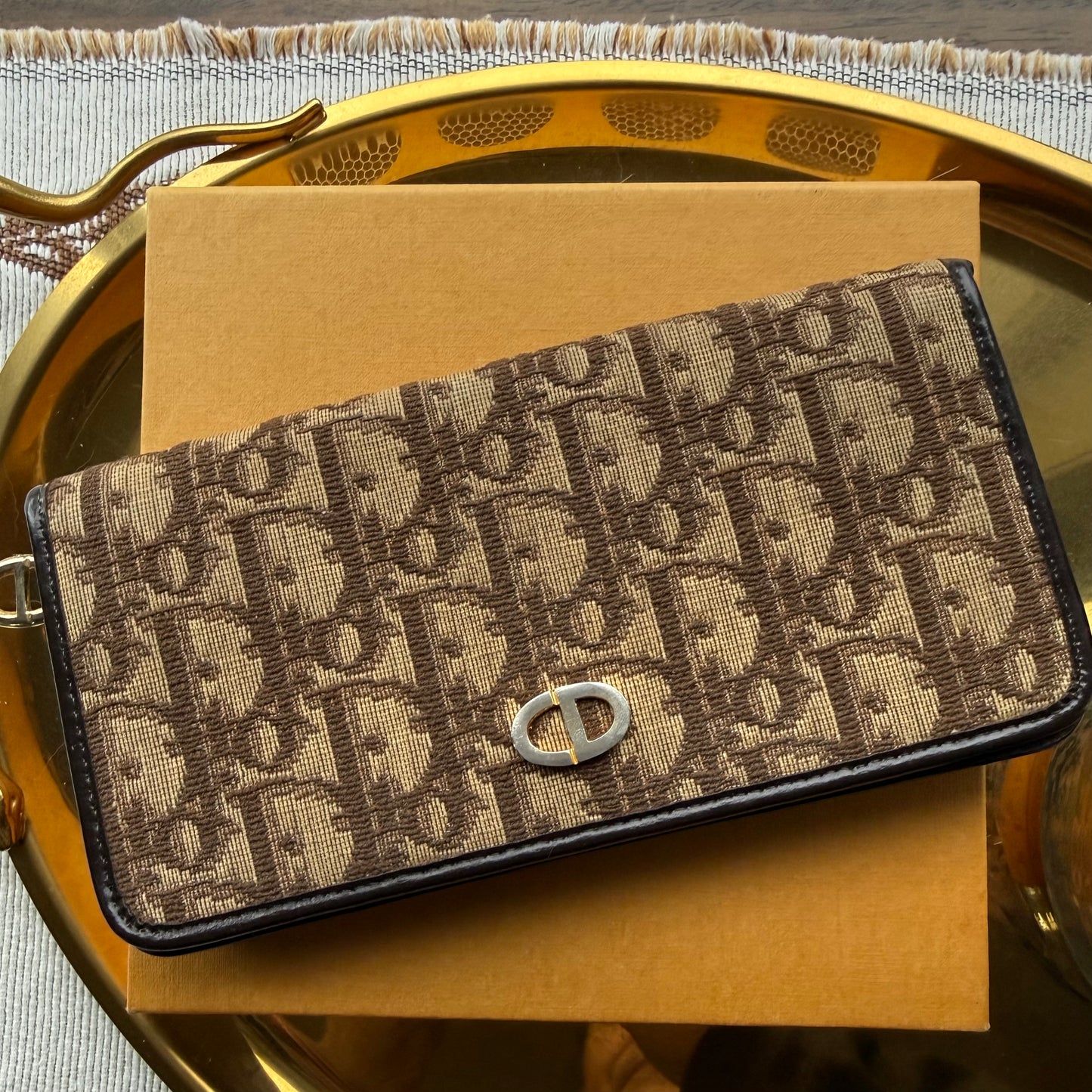 Authentic Preloved Luxury Upper Westside Vintage Brown Dior Trotter Long Wallet with Chain