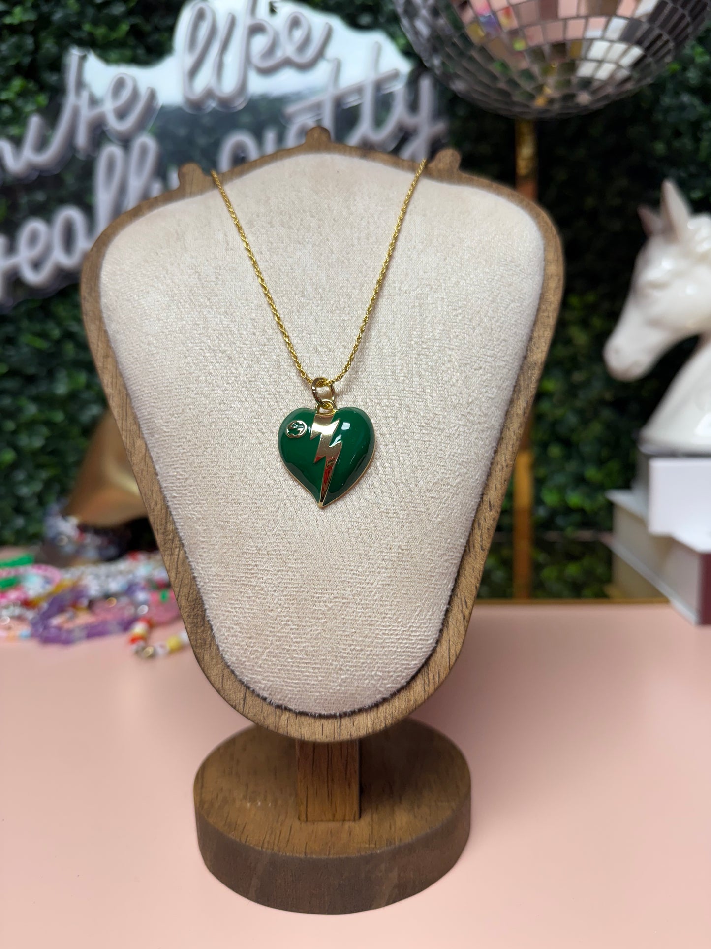 LIGHTNING STRIKES Vintage Upcycled Lux GG Charm Necklace in Green