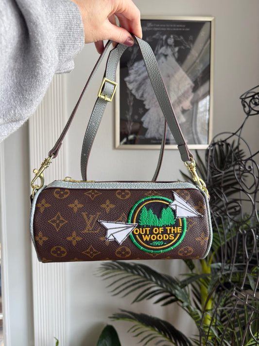 { AIMEE - THE WOODS } Handmade Barrel Bag in Dusty Blue + Mono