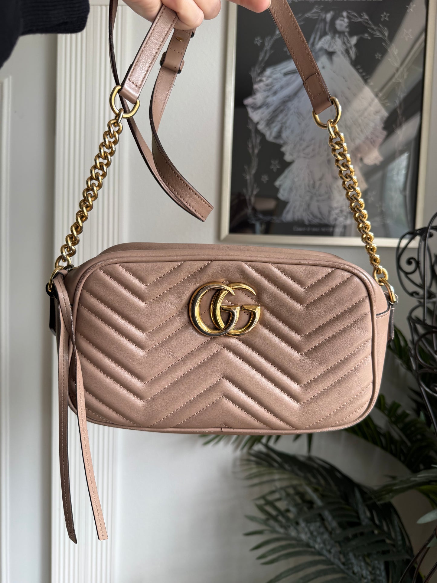 Authentic Preloved Calfskin Classic Matelasse Small GG Marmont Chain Shoulder Bag in Porcelain Rose
