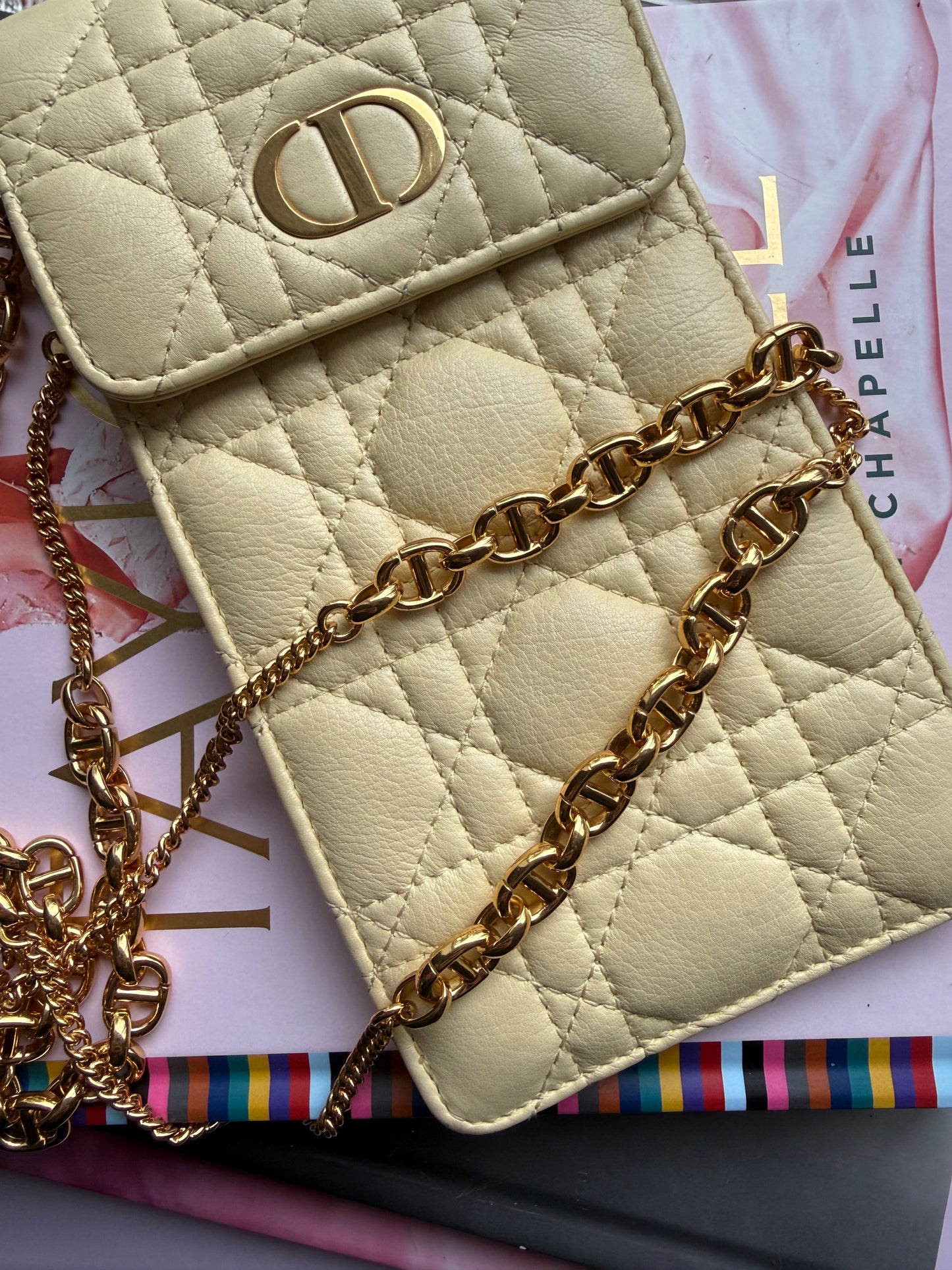 Authentic Preloved Christian Dior Caro Phone Holder with Chain in beige calfskin