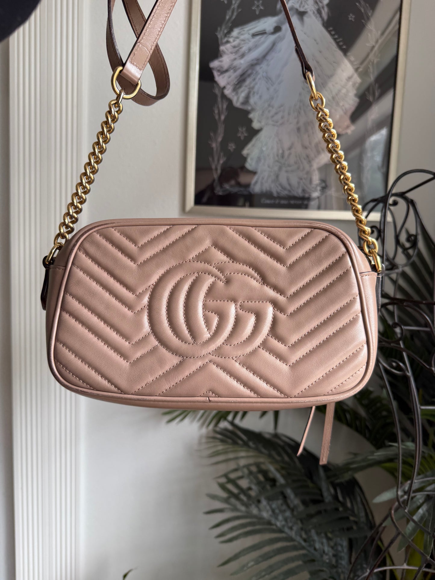 Authentic Preloved Calfskin Classic Matelasse Small GG Marmont Chain Shoulder Bag in Porcelain Rose