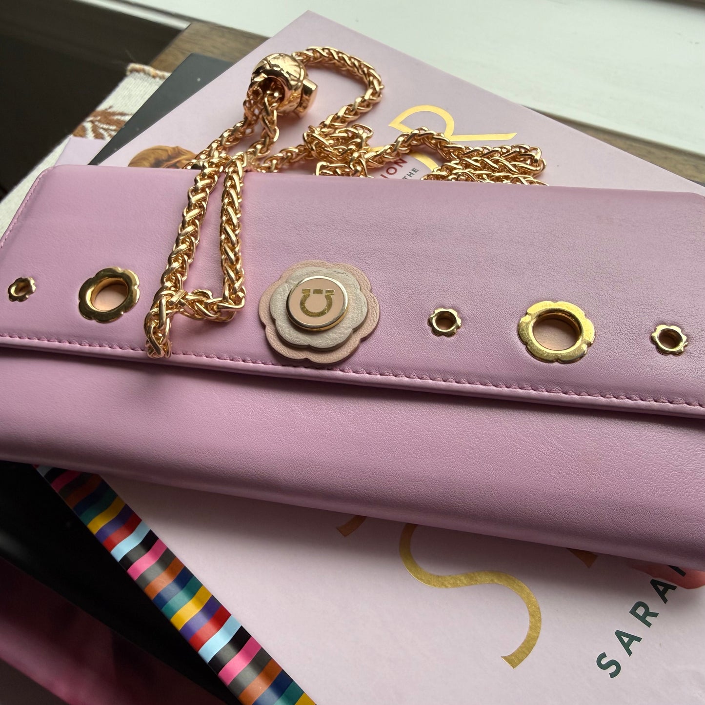 Authentic Preloved Ferragamo Long Wallet on chain - lilac and light pink floral grommet