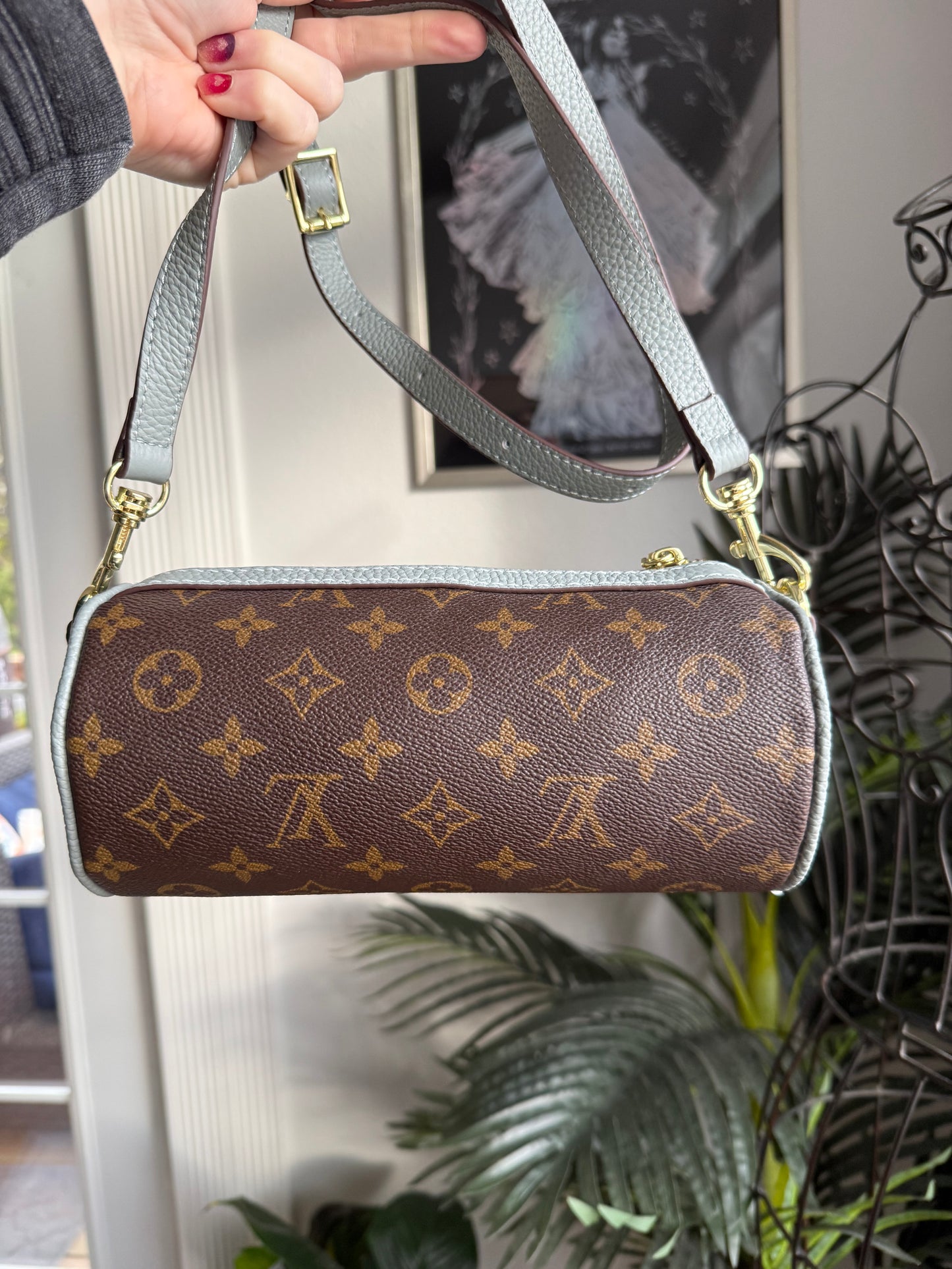 { AIMEE } Handmade Barrel Bag in Dusty Blue + Mono