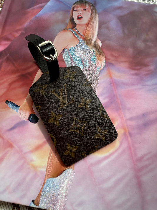 Handmade Black leather + Mono Luggage Tag